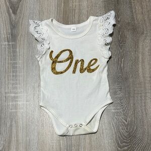 First Birthday Gold and White Lace Sleeve Baby Bodysuit
